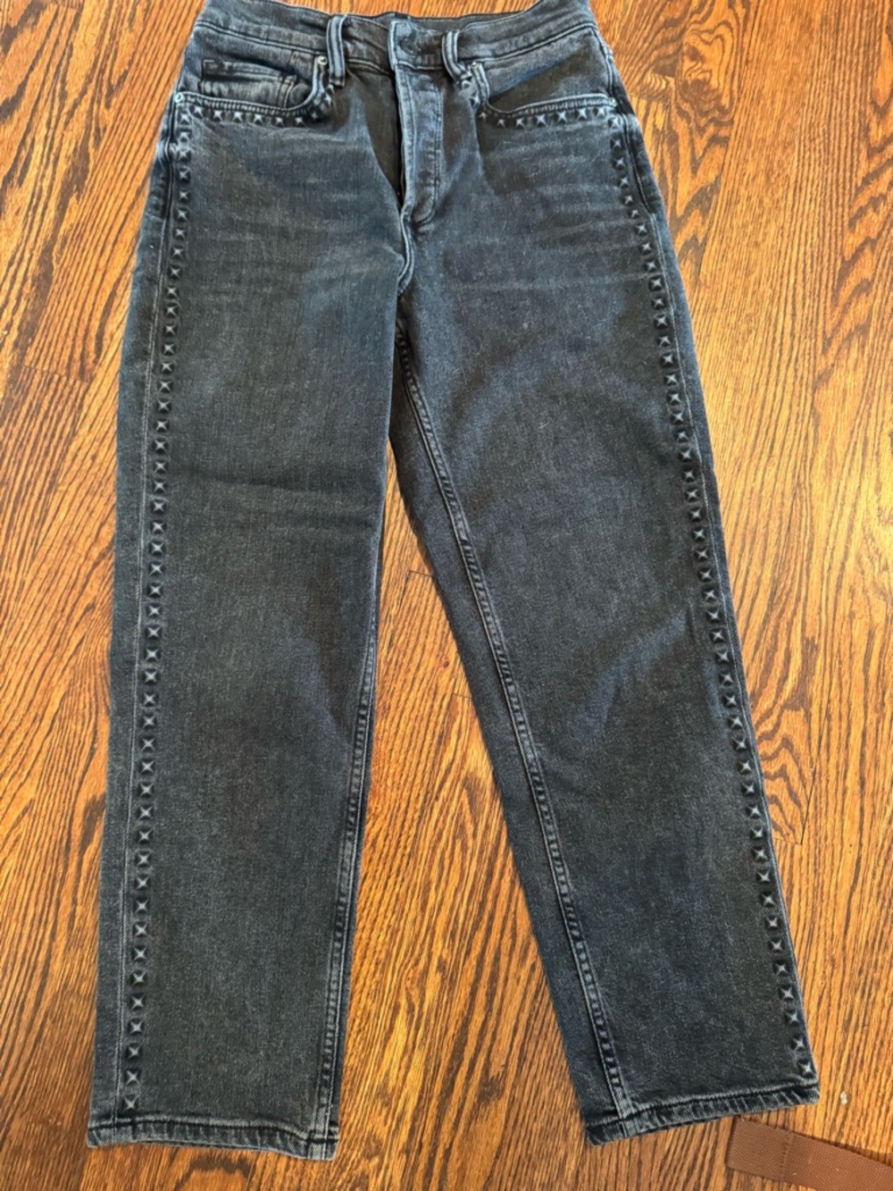 AllSaints Black Washed Straight Leg Jeans with Star Stud Side Trim